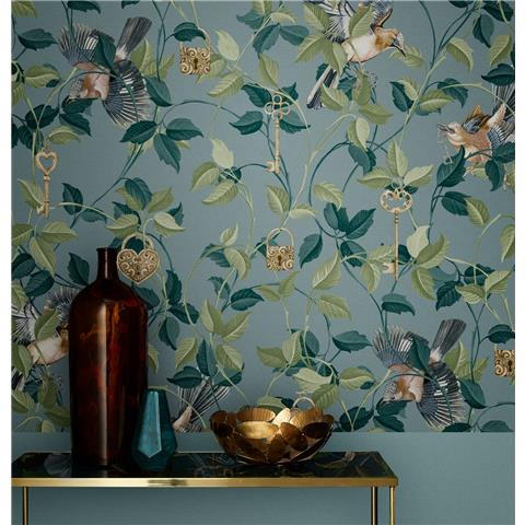 Graham and Brown Curiosity Wallpaper Collection Lock and key 115050 aqua