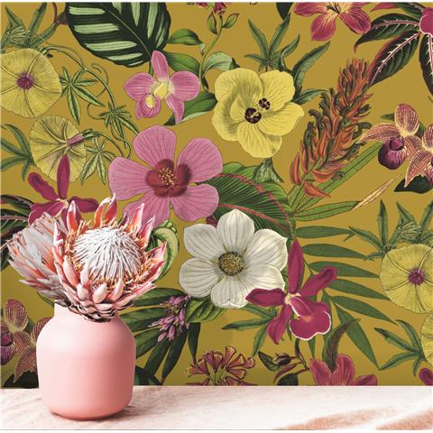 Rasch Elegant Homes Wallpaper Mixed Floral 284255 Spiced Yellow