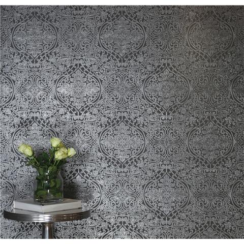 Arthouse Kiss Foil Wallpaper Ogee Silver/Charcoal Damask 903309