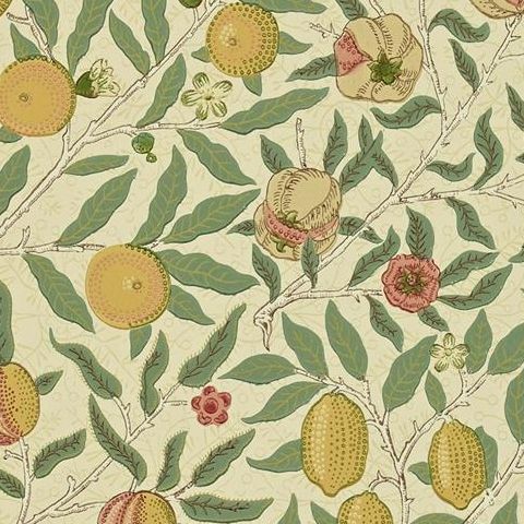 Morris & Co Wallpaper-Fruit 216484 Beige/Coral and Gold