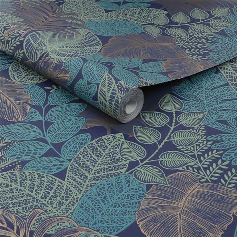 Super Fresco Easy Sublime Solace Scattered Leaves Wallpaper 122422 Blue/Copper