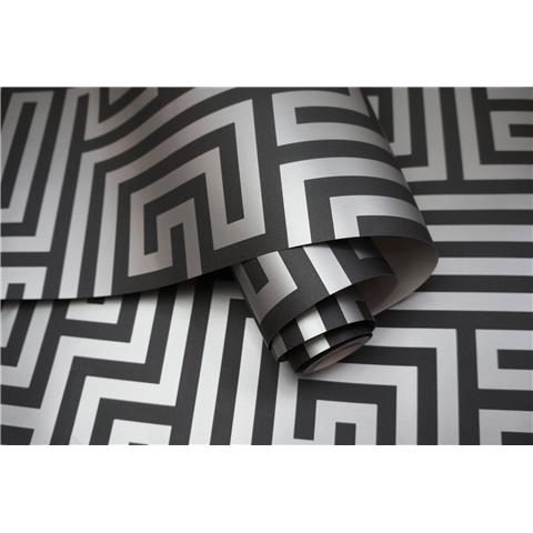 STATEMENT FEATURE WALLPAPER-Glistening Maze greek Key 12912 black