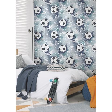 Kids Wallpaper Football Frenzy 14093 Navy/Teal