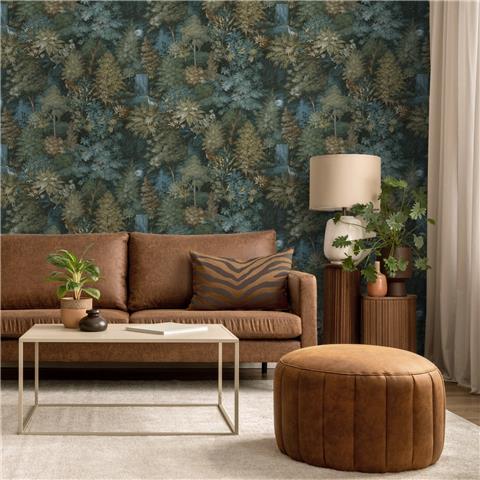 Holden Statement Symphony Wallpaper Midnight Woods 14150 Teal/Yellow