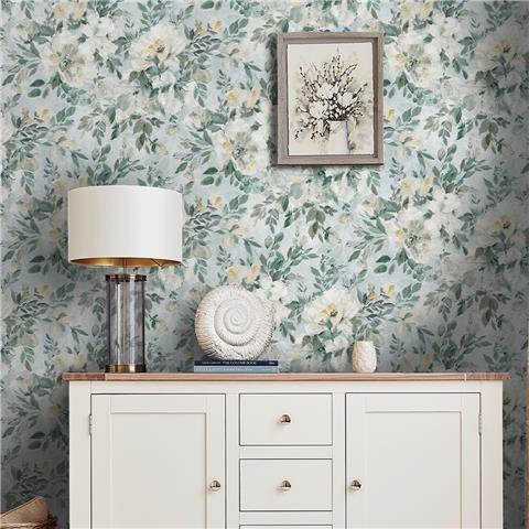 Laura Ashley Wallpaper Elowen Peony 143331 Pale Teal