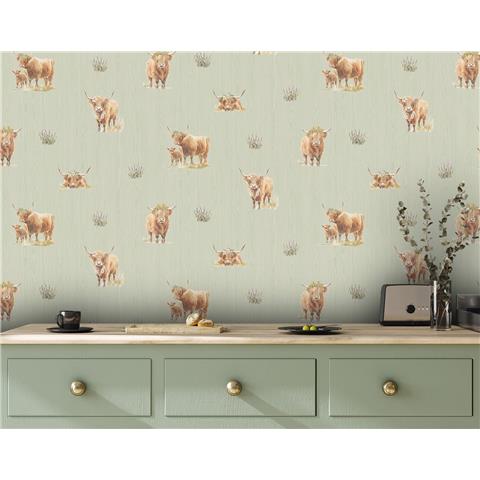 Holden Decor Glenmore Forest Highland Cow Wallpaper 14380 Sage