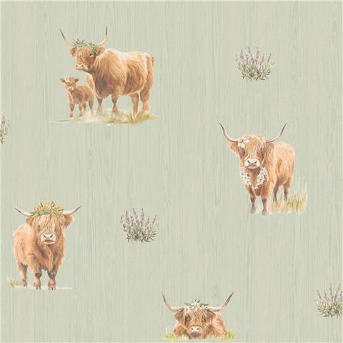 Holden Decor Glenmore Forest Highland Cow Wallpaper 14380 Sage