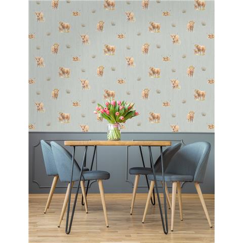 Holden Decor Glenmore Forest Highland Cow Wallpaper 14381 Blue