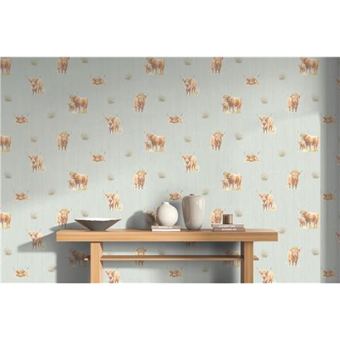 Holden Decor Glenmore Forest Highland Cow Wallpaper 14381 Blue