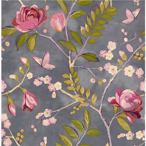 Grandeco Lola Floral Wallpaper 197001 Charcoal