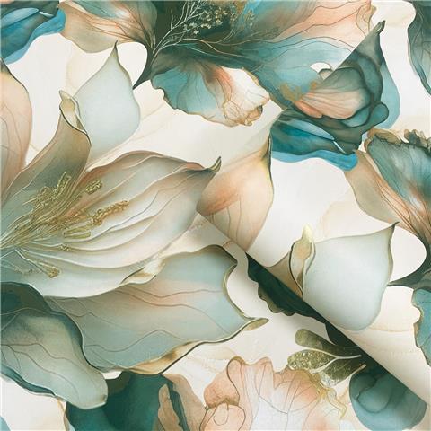 Muriva Elysian Large Floral Wallpaper 212505 Coral/Teal