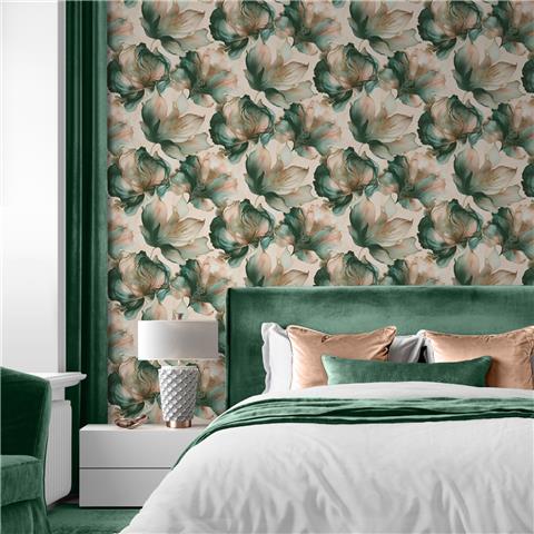 Muriva Elysian Large Floral Wallpaper 212505 Coral/Teal