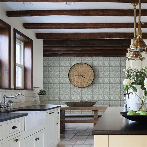 Brasserie Tin Ceiling Look Wallpaper 23765 Pale Duck Egg/Metallic gold