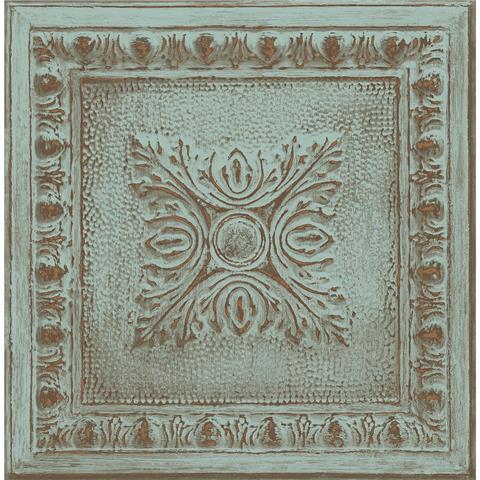 Restored Tin Ceiling Look Wallpaper 24032 Teal/Gold