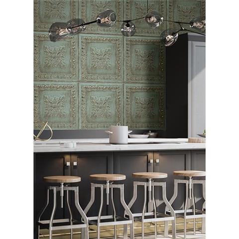 Restored Tin Ceiling Look Wallpaper 24032 Teal/Gold