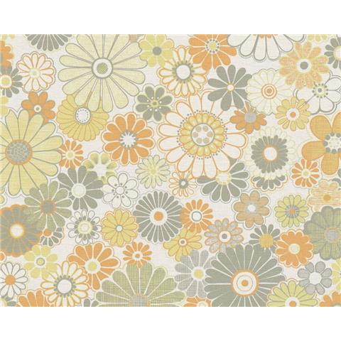 AS CREATIONS RETRO CHIC FLORAL WALLPAPER 395353 Green/Orange