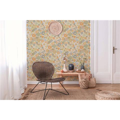 AS CREATIONS RETRO CHIC FLORAL WALLPAPER 395353 Green/Orange