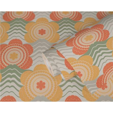 AS CREATIONS RETRO CHIC FLORAL WALLPAPER 395394 Green/Orange