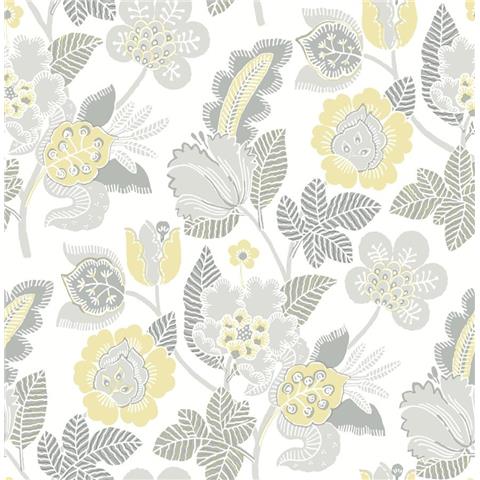 A Street Prints Happy Wallpaper Jacobean Floral 26341 Yellow/Grey