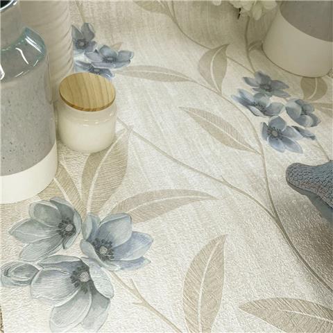 Zambaiti Parati Giovanna Floral Heavyweight Italian Vinyl Wallpaper 4817 Cream/Blue