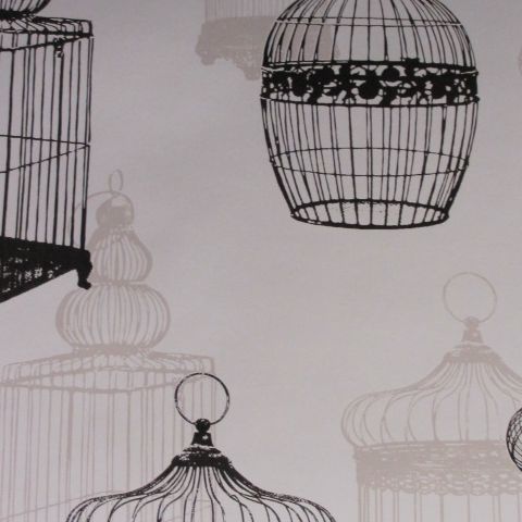 Zinc Birdcages Wallpaper-Black/Cream on Ivory FD67330