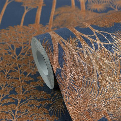 AS Cuba Palm Vinyl Wallpaper 791624 Navy/Rose Gold