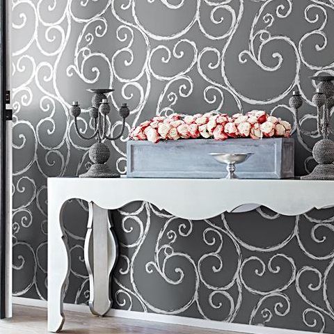 Anna French Seraphina Palace Gate Scroll Wallpaper AT6052 Silver on Charcoal
