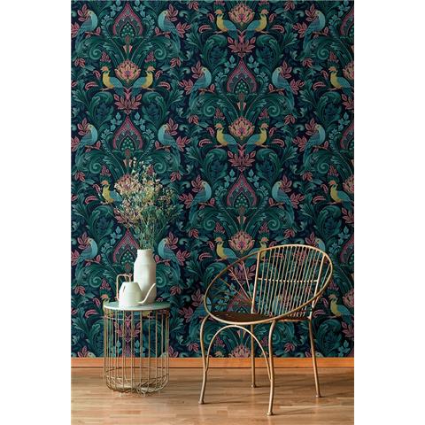 Grandeco Life Arcadia Opulent Damask wallpaper A67801 Blue/Pink/Multi