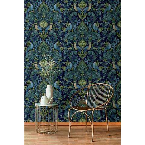 Grandeco Life Arcadia Opulent Damask Wallpaper A67802 Blue/Green/Multi