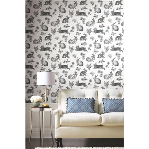 Black and White Resource Bunny Toile Wallpaper AT4263