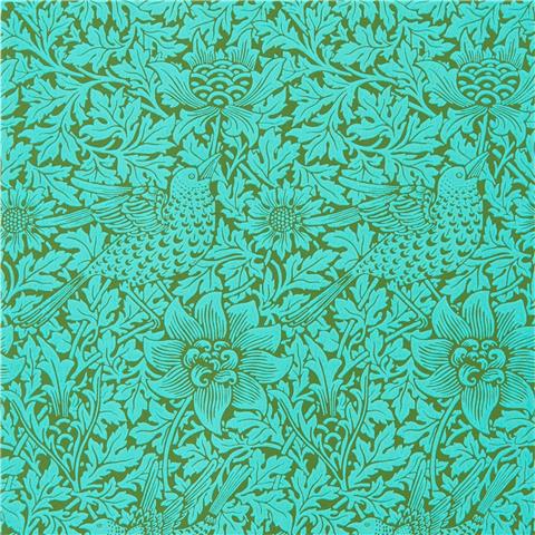 Morris Queen Square Wallpaper Bird and Anemone 216958 Olive/Turquoise
