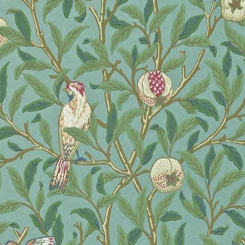Morris & Co Wallpaper-Bird and Pomegranate 216453 Turquoise/Coral