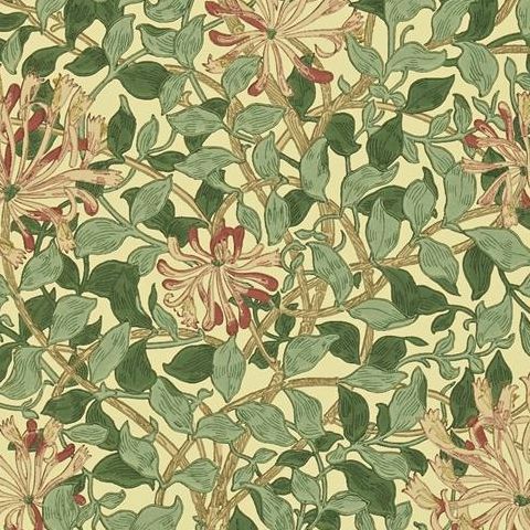 Morris & Co Wallpaper-Honeysuckle 210436 Green/Coral Pink