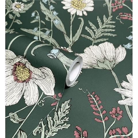 Fine Decor Wild Meadow Wallpaper FD43882 Forest Green