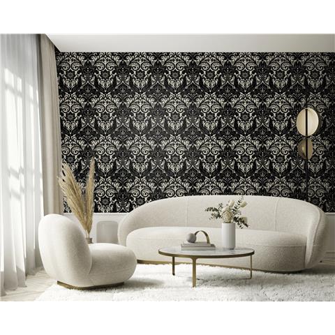 Laurence Llewelyn-Bowen Off the Wall Damask Sauvage Flock Wallpaper LB25166 Black