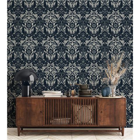 Laurence Llewelyn-Bowen Off the Wall Damask Sauvage Flock Wallpaper LB25167 Blue