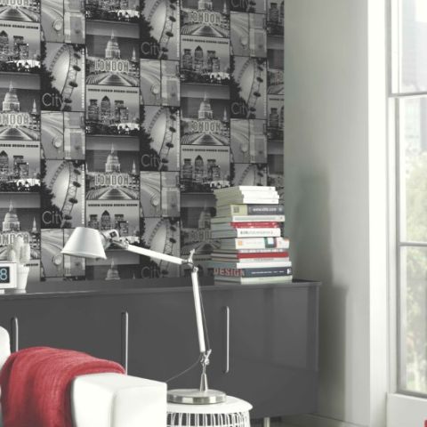 London Glitter Wallpaper Black and White
