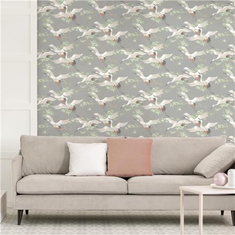 Crown Cranes Wallpaper M1657 Grey