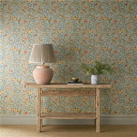 Morris & Co Wallpaper Wild Tulip+Vine 217578 Coral/Teal