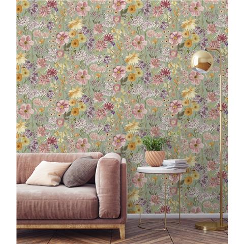 Grandeco Wild Flowers Wallpaper A61601 Sage